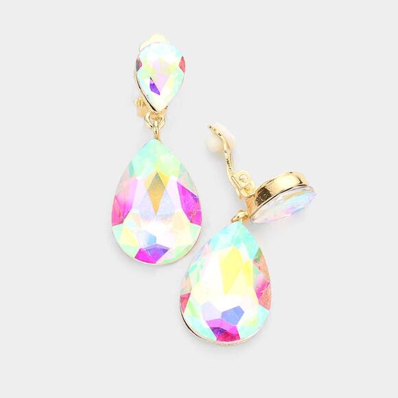Clip on 1 3/4" gold and fluorescent stone double teardrop dangle earrings - Picture 4 of 4